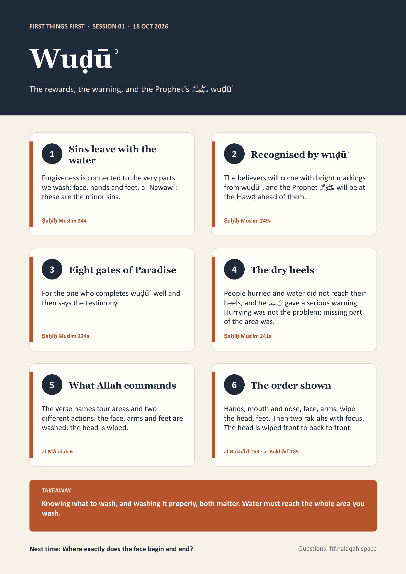 One-page summary of Wudu, Lesson 1: What to Wash, and How to Wash It Properly. Opens the full-size copy.